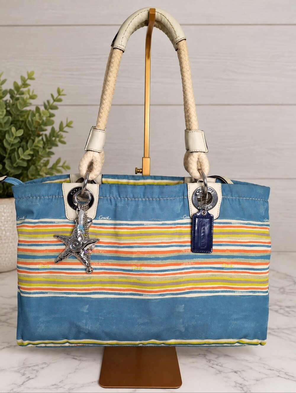 Coach Beach Multi Stripe Nautical East West Tote Bag